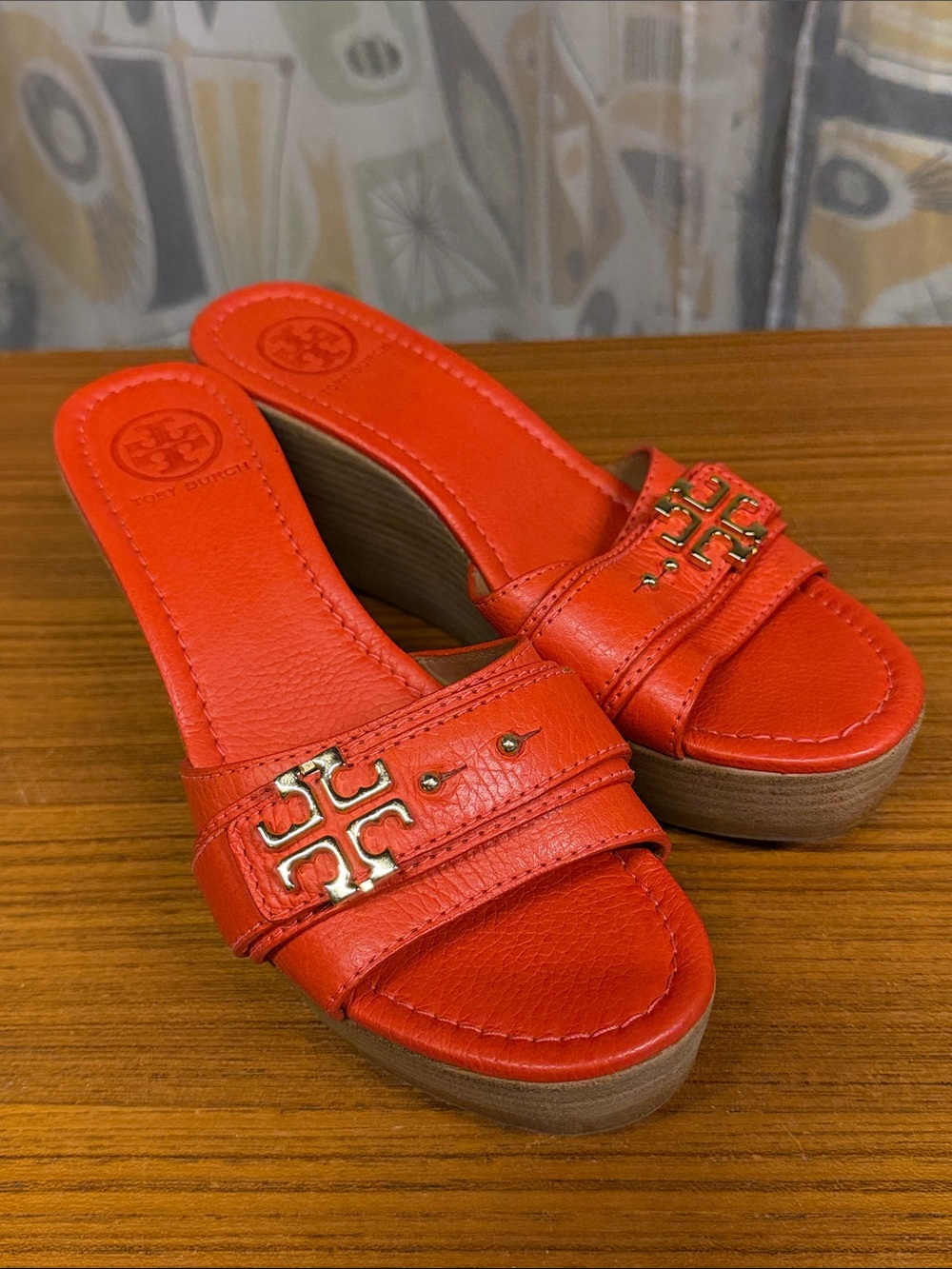 TORY BURCH Orange Leather Slide Wedge Mules with Gold Logo Size 8.5